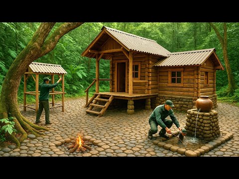 build a wooden house, fish pond, vegetable garden, alone in the forest