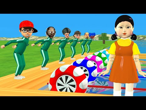 Scary Teacher 3D vs Squid Game Swimming Race Outdoor 100M and Running Cage Doors 5 Times Challenge