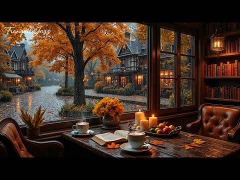 Warm Autumn Coffee Shop Space In The Rain 🍂 Beautiful Jazz Piano Music for Work, Study