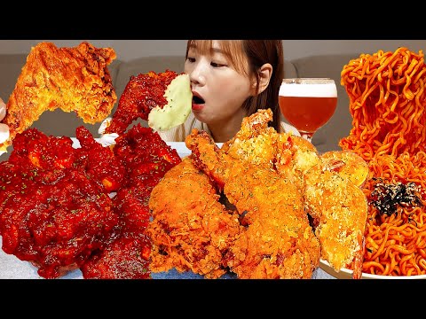 🍗직접튀긴 통다리치킨에 고구마튀김,새우튀김 먹방🥃 후라이드반 양념반 치맥에 불닭은 진리 그잡채..😎 CHICKEN MUKBANG ASMR EATINGSHOW REALSOUND