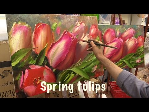 Spring Tulips. Workshop with two canvas.Workshop  in English from Oleg Buiko. Oil painting.