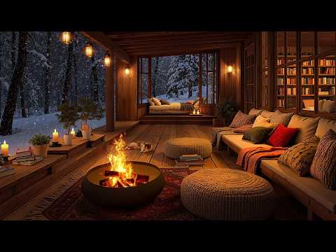 Cabin Terrace Ambience - Relaxing Jazz Music & Crackling Fireplace for Late Night Unwind