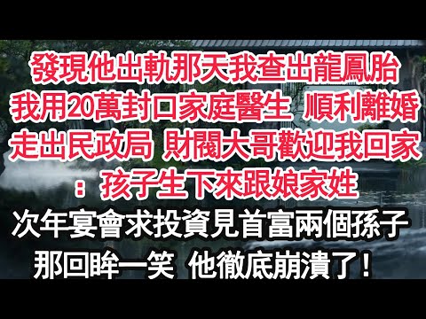 發現他出軌那天我查出龍鳳胎我用20萬封口家庭醫生 順利離婚走出民政局 財閥大哥歡迎我回家：孩子生下來跟娘家姓 次年宴會求投資見首富兩個孫子那回眸一笑 他徹底崩潰了！【顧亞男】【大女主】【婚姻自主】