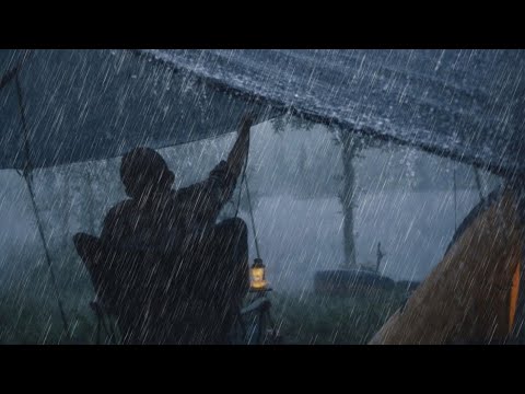 🏕️ HEAVY RAIN CAMPING ⛈️ CAMPING BY THE LAKE • BUILDING A TENT DURING LIGHTNING RAIN (ASMR)