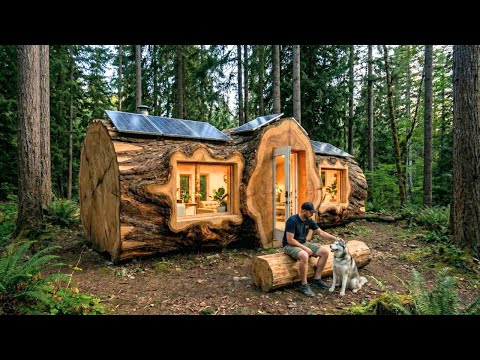 This man Built a House INSIDE a Tree Trunk — Building a house in the forest (ASMR)