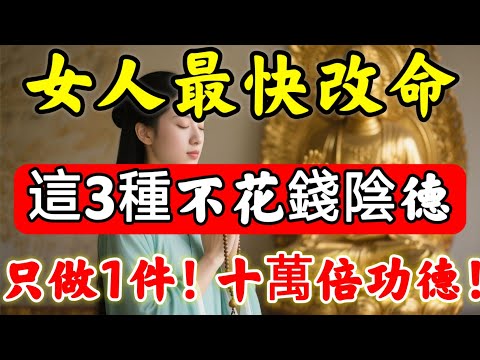女人”最快“改命方法，這3種「不花錢陰德」，威力最大！”只做1件“，便增十萬倍功德！#佛陀#佛學#佛教#禪修#佛法智慧#佛教故事#佛教文化#禅语#佛音#佛歌