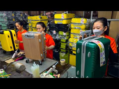 Satisfying mass production of suitcases. Efficient Vietnamese workers produce lightweight suitcases.