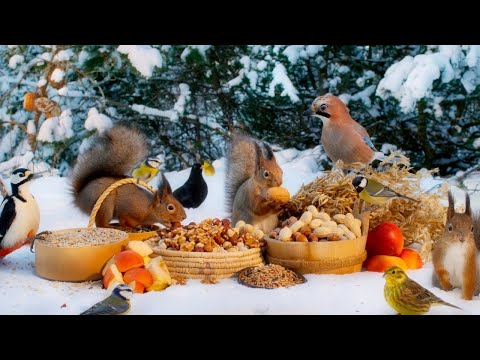 Cat TV NO ADS😽 Squirrels Yellowhammers Blackbirds Jays and All Other Pretty Birds in Snow