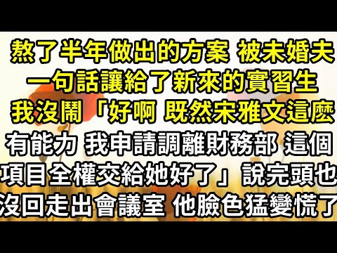 熬了半年做出的方案 被未婚夫一句話讓給了新來的實習生，我沒鬧「好啊 既然宋雅文這麼有能力 我申請調離財務部 ，這個項目全權交給她好了」說完頭也沒回走出會議室 他臉色猛變慌了