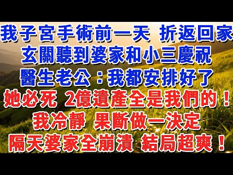 我子宮手術前一天 折返回家，玄關聽到婆家和小三慶祝，醫生老公：我都安排好了，她必死 2億遺產全是我們的！我冷靜 果斷做一決定，隔天婆家全崩潰 結局超爽！#小娟講故事 #情感故事 #老年生活
