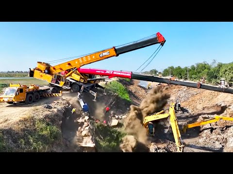 Unexpected Recovery 😲 Huge Crane Truck Recovery Long Arm Excavator Stuck in Deep Mud