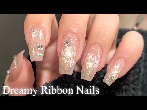 SUB)【Gel Nails】Starry Sparkles💫 Dreamy Ribbon Nails🎀💭/ASMR