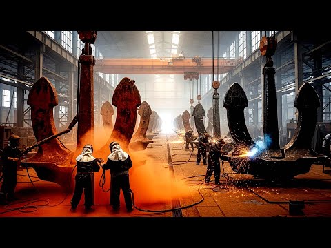 Forging Giant Ship Anchors in Factory Near The Harbor Hammering Red Hot Steel Blocks