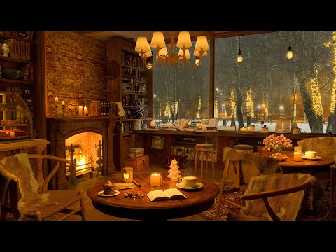 4K Relaxing Jazz and Crackling Fireplace in Cozy Coffee Shop - Rain on Window for Sleep, Relax