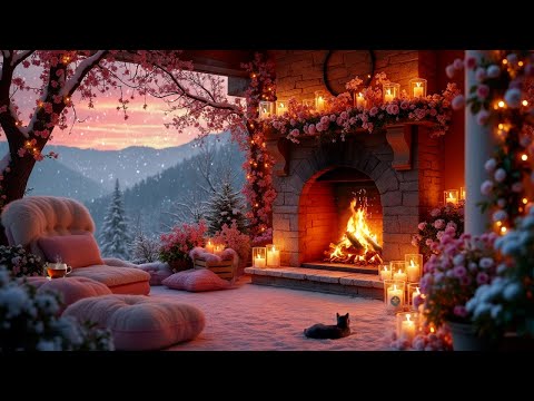 ❤️ Valentine's Day Ambience | Cozy Porch with Fireplace, Snowfall & Sunset Glow ❄️Romantic Vibes