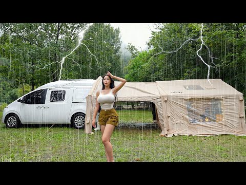 ☔Camping in Heavy Rain with XXL 3-Room Inflatable Tent + Camper Van