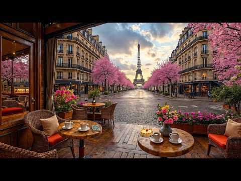 Paris Cherry Blossom Morning Jazz ☕ Outdoor Café Shop Ambience & Sweet Jazz Music for Study, Work