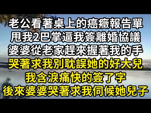老公看著桌上的癌癥報告單，甩我2巴掌逼我簽離婚協議，婆婆從老家趕來握著我的手，哭著求我別耽誤她的好大兒，我含淚痛快的簽了字，得知真正患癌人婆婆嚇傻眼 #小說聽書#情感故事#中老年故事