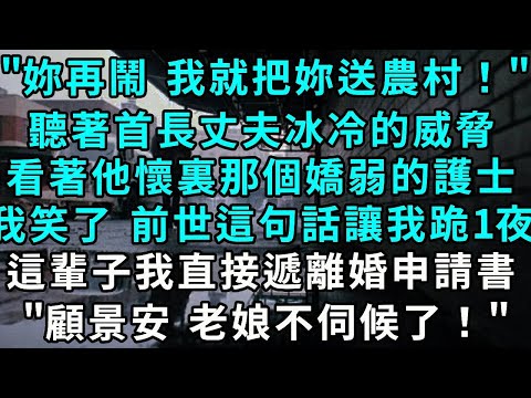 "蘇晚寧 妳再鬧 我就把妳送農村！" 聽著首長丈夫冰冷的威脅，看著他懷裏那個嬌弱的護士，我笑了 前世這句話讓我跪一夜 ，這輩子我直接遞上離婚申請書"顧景安 老娘不伺候了！"