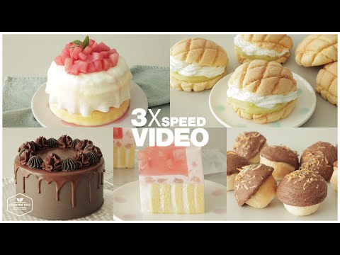 #117 3x Speed 케이크 디저트 베이킹 영상 : Cake Dessert Baking Video | 복숭아 치즈케이크,초콜릿 케이크, 멜론 크림빵 | Cooking tree
