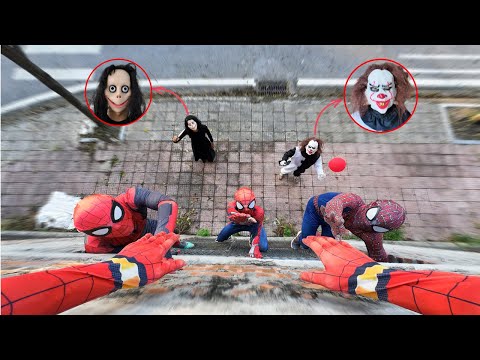 5 SPIDER-MAN Bros Meet Serbian Dancing Lady & PENNYWISE in HALLOWEEN Season ( Action POV )