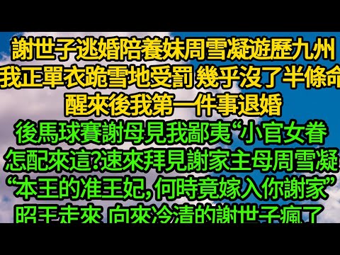 謝世子逃婚陪養妹周雪凝遊歷九州，我正單衣跪雪地受罰 幾乎沒了半條命，醒來後我第一件事退婚。後馬球賽謝母見我鄙夷“小官女眷怎配來這？速來拜見謝家主母周雪凝”“本王的准王妃，何時竟嫁入你謝家”