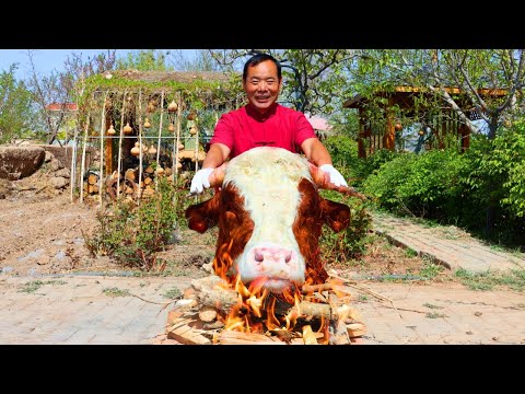 Huge Bull Head Burnt in Fire Till Golden & Braised in Crazy Spicy Broth | Uncle Rural Gourmet