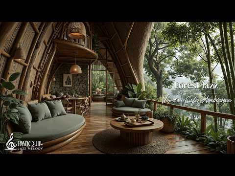 Relaxing Forest Cafe Jazz for Unwind | Gentle Jazz Melody with Cozy Wooden Coffee Shop for Work