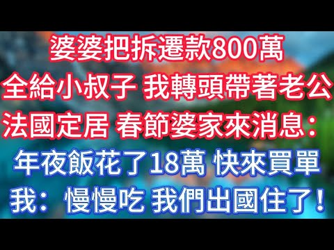 婆婆把拆遷款800萬全給小叔子，我轉頭帶著老公法國定居，春節婆家來消息：年夜飯花了18萬，快來買單，我：慢慢吃，我們出國住了！ #傾聽故事會 #情感故事 #老人频道 #老年健康 #為人處世 #老年生活