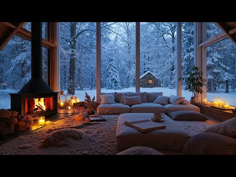 โ๏ธ๐ฟ White Lounge Fireplace Ambience | Snowy Window & Piano Melody for Stress Relief and Relax
