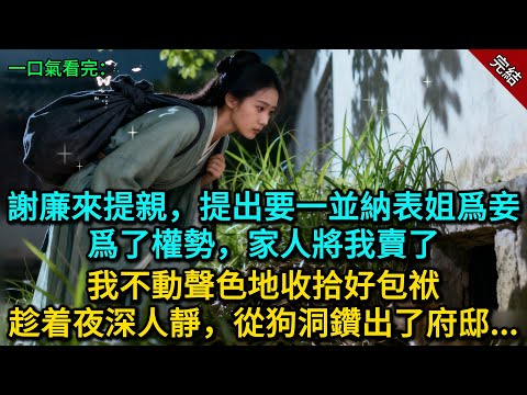 謝廉來提親，提出要一並納表姐爲妾。爲了權勢，家人將我賣了。我不動聲色地收拾好包袱，趁着夜深人靜，從狗洞鑽出了府邸...