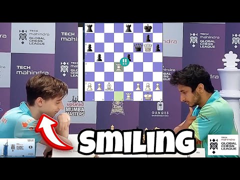 Dubov smiles after Rook sacrifice against Vidit Gujrathi in Global Chess League 