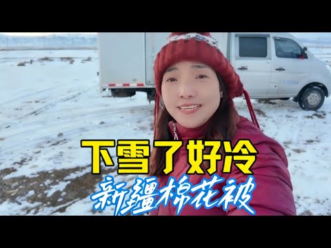 1851集:自驾游遇下雪连夜跑路，阿勒泰也好冷，小微带走新疆棉花被到南疆 女司机一个人开着厢式货车自驾游，在库车露营突遇下雪，连夜离