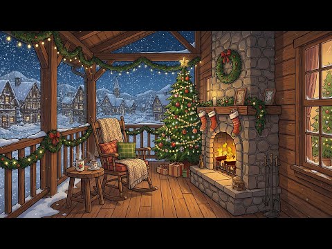🎄1930's vintage christmas porch with fireplace crackling | oldies playing in another room