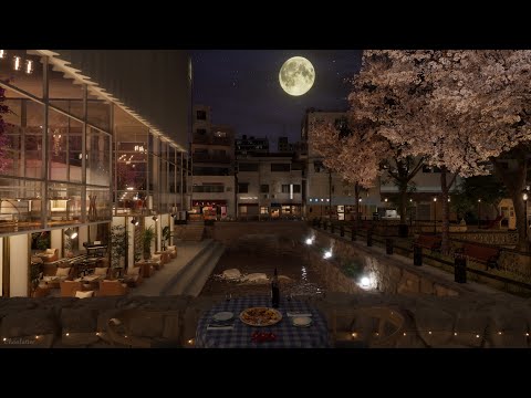 Romantic Small Alley Ambience With Cherry Blossoms | Water, Crickets, Chime Bell Sounds, White Noise