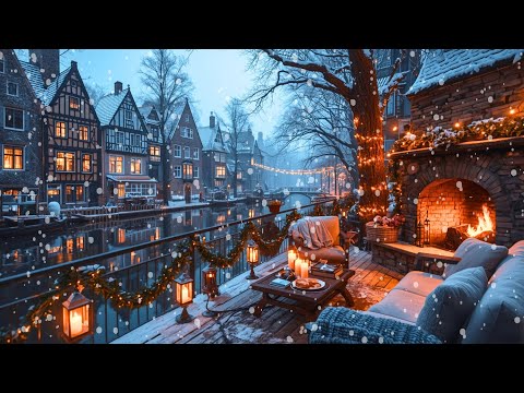 Vintage Christmas Riverside Café | Old Christmas Songs with Fireplace (4K)
