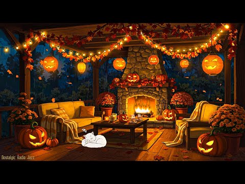 🎃warm wonderful halloween night ambience | cozy 1930s autumn with oldies playing in another room