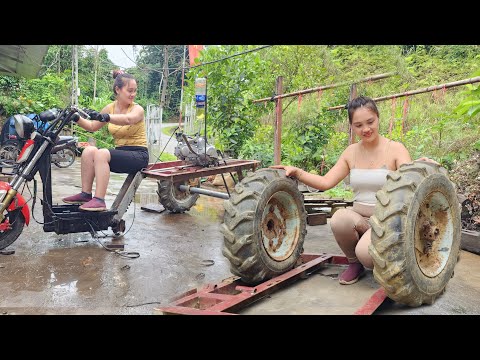 Genius girl builds a three-wheeled vehicle using a motorbike engine and a tractor