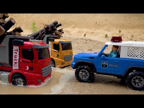 Police cars team rescue dump truck - Toy car story