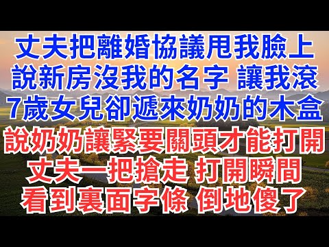 丈夫到家，離婚協議甩我臉上，說新房沒我的名字，讓我滾。7歲女兒卻遞來奶奶的木盒，奶奶說，緊要關頭才能打開，丈夫一把搶走，打開瞬間看到裏面的字條瞬間倒地傻了！#情感故事#故事#小說#戀愛#情感#婚姻