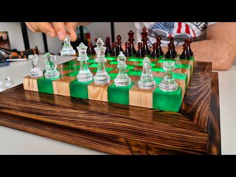 Floating Сhess of Burning Wood and Emerald Epoxy Resin with LED