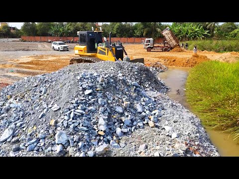 Nicely Updating Using Bulldozer Pushing and Dump Truck Working Crossing Flood Delete Pond
