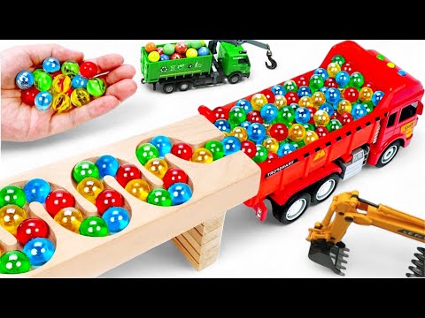 Marble Run Race ☆ HABA Slope &Retro Makita Truck, Excavator, Garbage Truck, Dump Truck,Ambulances#26