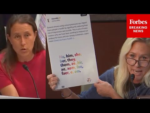 Marjorie Taylor Greene Confronts 23andMe Founder With Pronouns Chart From Her Organization's Website
