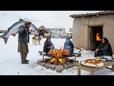 Afghanistan Winter Hunt | Giant Grilled Salmon on Fire + Fresh Bread to Stay Alive