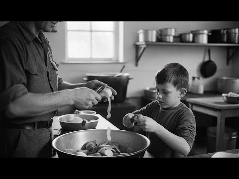 German boy stole food from British base, Soldier caught him and made him kitchen helper.