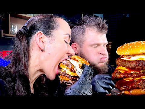 VIDEO WITH MY WIFE, BEEF EGGS BURGERS, ASMR MUKBANG, АСМР МУКБАНГ, 먹방, 大食い, たべる, 谢尔盖