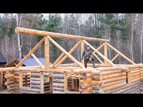 After 1 Year I Start Building Massive Log ROOF for my LOG CABIN Alone in Wilderness