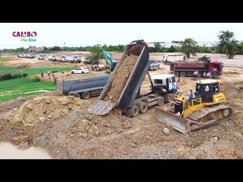 Perfectly! Skill Driver Dozer SHANTUi DH17c2 Pushing soil filling Deep pond & Dump Trucks unloading