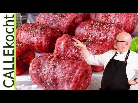 Rinderrouladen füllen, rollen, zubereiten und Soße kochen. Das Rezept